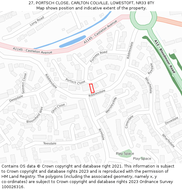 27, PORTSCH CLOSE, CARLTON COLVILLE, LOWESTOFT, NR33 8TY: Location map and indicative extent of plot
