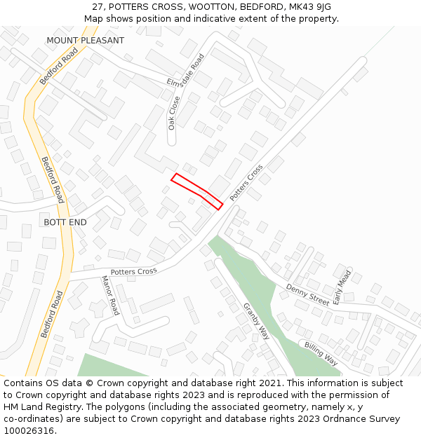 27, POTTERS CROSS, WOOTTON, BEDFORD, MK43 9JG: Location map and indicative extent of plot
