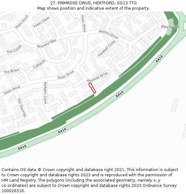 27, PRIMROSE DRIVE, HERTFORD, SG13 7TG: Location map and indicative extent of plot