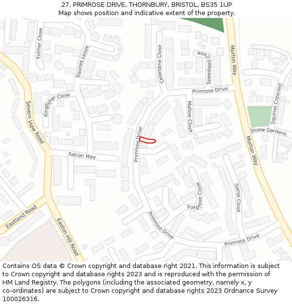 27, PRIMROSE DRIVE, THORNBURY, BRISTOL, BS35 1UP: Location map and indicative extent of plot