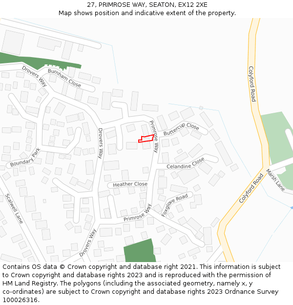 27, PRIMROSE WAY, SEATON, EX12 2XE: Location map and indicative extent of plot