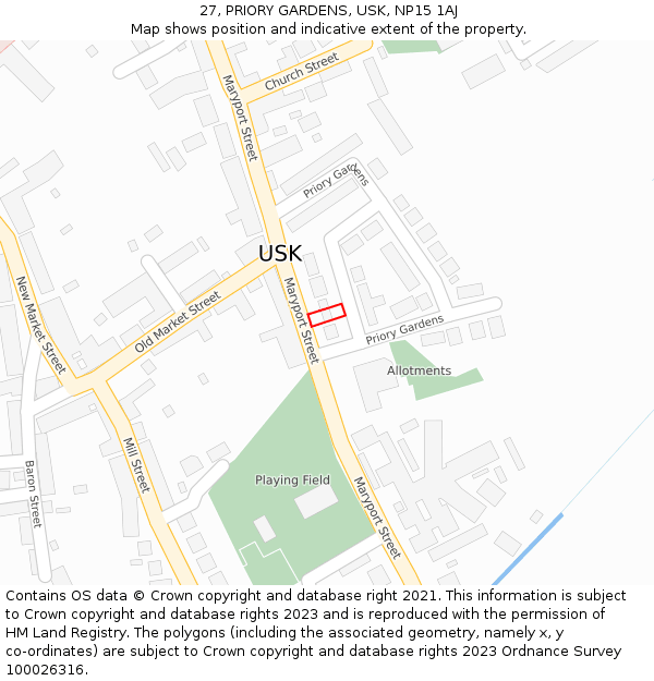 27, PRIORY GARDENS, USK, NP15 1AJ: Location map and indicative extent of plot