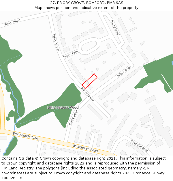 27, PRIORY GROVE, ROMFORD, RM3 9AS: Location map and indicative extent of plot