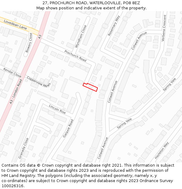 27, PROCHURCH ROAD, WATERLOOVILLE, PO8 8EZ: Location map and indicative extent of plot