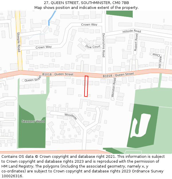 27, QUEEN STREET, SOUTHMINSTER, CM0 7BB: Location map and indicative extent of plot