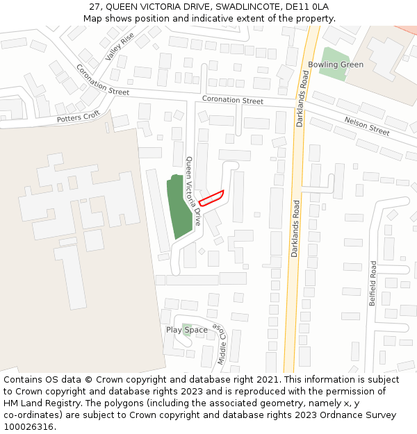 27, QUEEN VICTORIA DRIVE, SWADLINCOTE, DE11 0LA: Location map and indicative extent of plot
