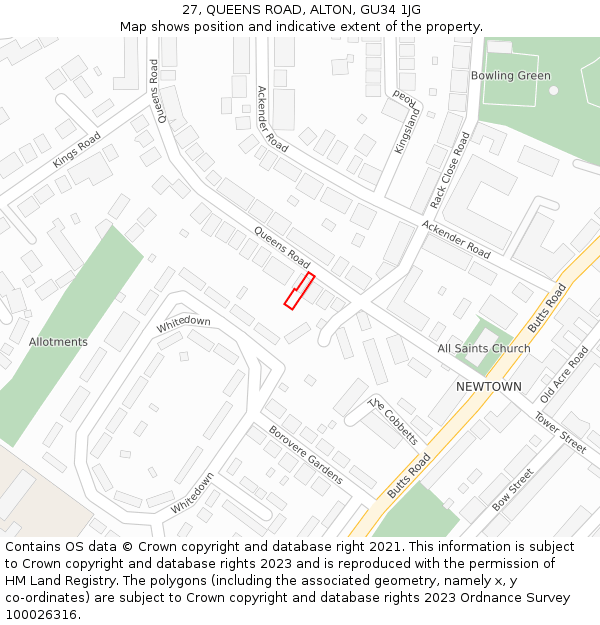 27, QUEENS ROAD, ALTON, GU34 1JG: Location map and indicative extent of plot