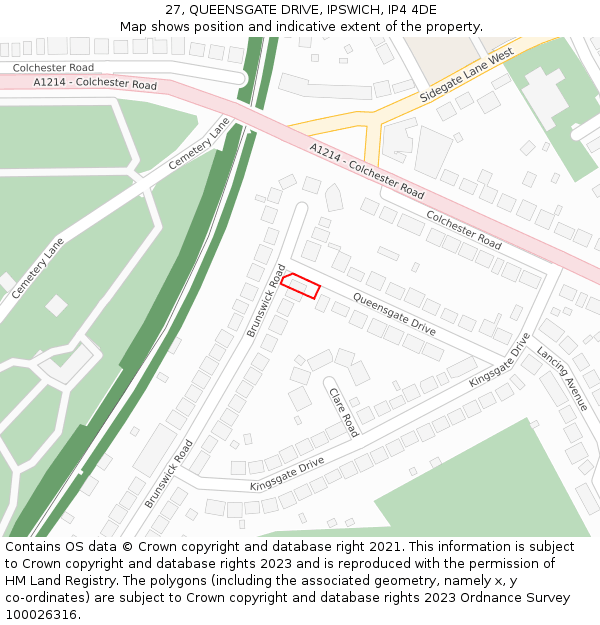 27, QUEENSGATE DRIVE, IPSWICH, IP4 4DE: Location map and indicative extent of plot