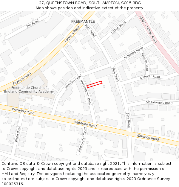 27, QUEENSTOWN ROAD, SOUTHAMPTON, SO15 3BG: Location map and indicative extent of plot