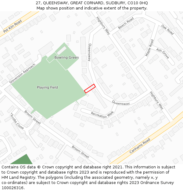27, QUEENSWAY, GREAT CORNARD, SUDBURY, CO10 0HQ: Location map and indicative extent of plot