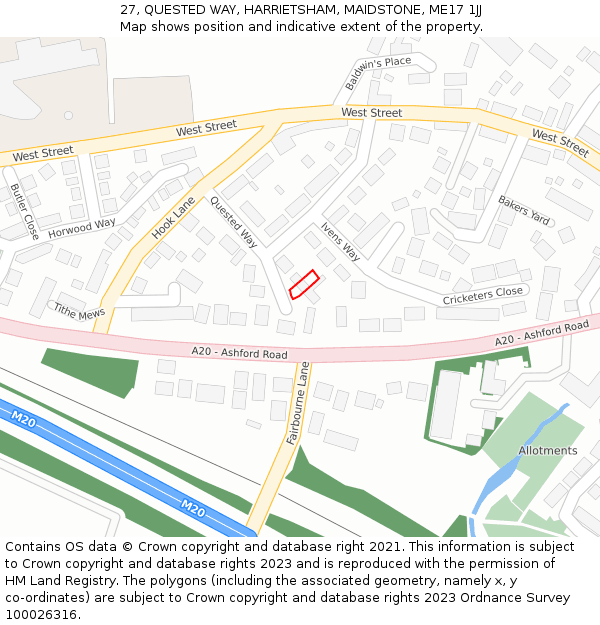 27, QUESTED WAY, HARRIETSHAM, MAIDSTONE, ME17 1JJ: Location map and indicative extent of plot