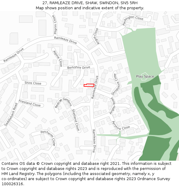 27, RAMLEAZE DRIVE, SHAW, SWINDON, SN5 5RH: Location map and indicative extent of plot