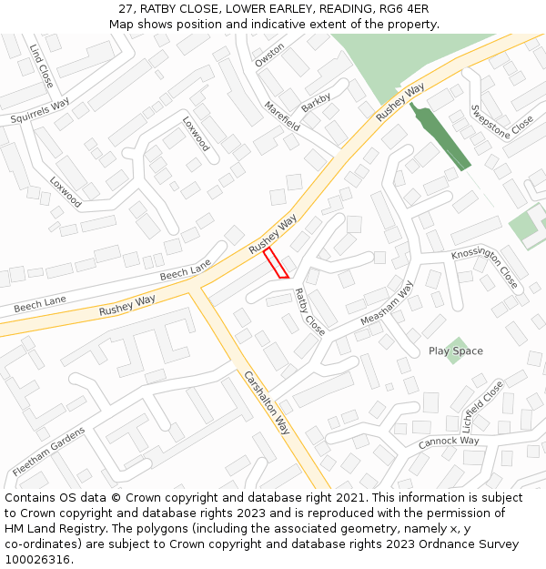27, RATBY CLOSE, LOWER EARLEY, READING, RG6 4ER: Location map and indicative extent of plot