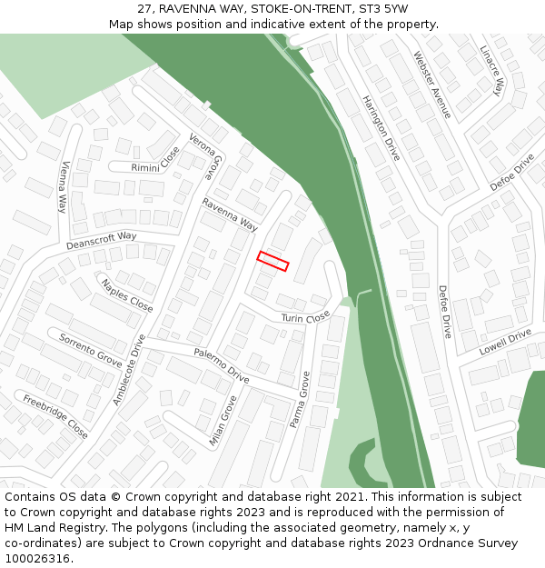 27, RAVENNA WAY, STOKE-ON-TRENT, ST3 5YW: Location map and indicative extent of plot