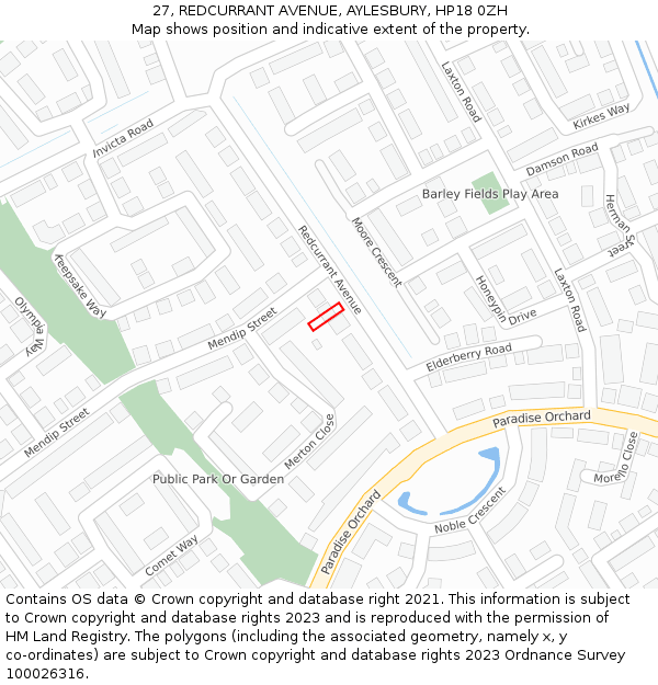 27, REDCURRANT AVENUE, AYLESBURY, HP18 0ZH: Location map and indicative extent of plot