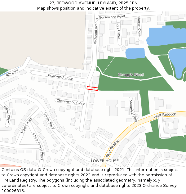 27, REDWOOD AVENUE, LEYLAND, PR25 1RN: Location map and indicative extent of plot