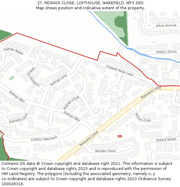27, RIDINGS CLOSE, LOFTHOUSE, WAKEFIELD, WF3 3SD: Location map and indicative extent of plot