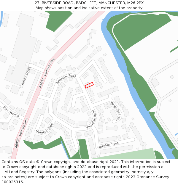 27, RIVERSIDE ROAD, RADCLIFFE, MANCHESTER, M26 2PX: Location map and indicative extent of plot