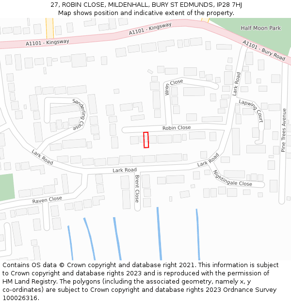 27, ROBIN CLOSE, MILDENHALL, BURY ST EDMUNDS, IP28 7HJ: Location map and indicative extent of plot