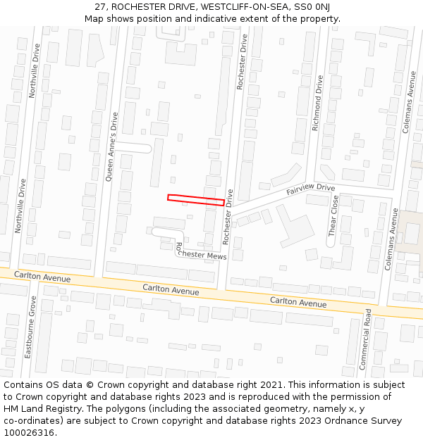27, ROCHESTER DRIVE, WESTCLIFF-ON-SEA, SS0 0NJ: Location map and indicative extent of plot
