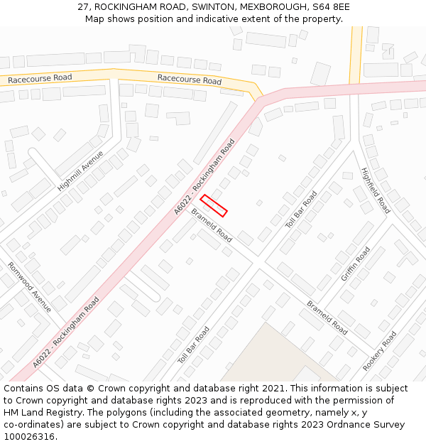 27, ROCKINGHAM ROAD, SWINTON, MEXBOROUGH, S64 8EE: Location map and indicative extent of plot