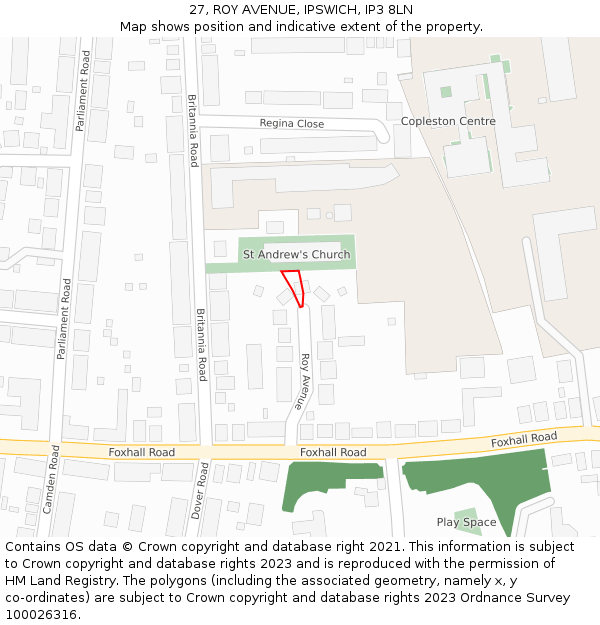 27, ROY AVENUE, IPSWICH, IP3 8LN: Location map and indicative extent of plot