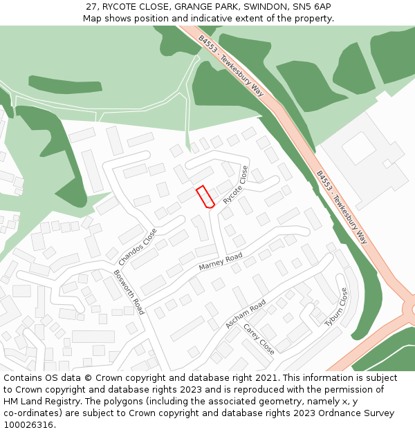 27, RYCOTE CLOSE, GRANGE PARK, SWINDON, SN5 6AP: Location map and indicative extent of plot