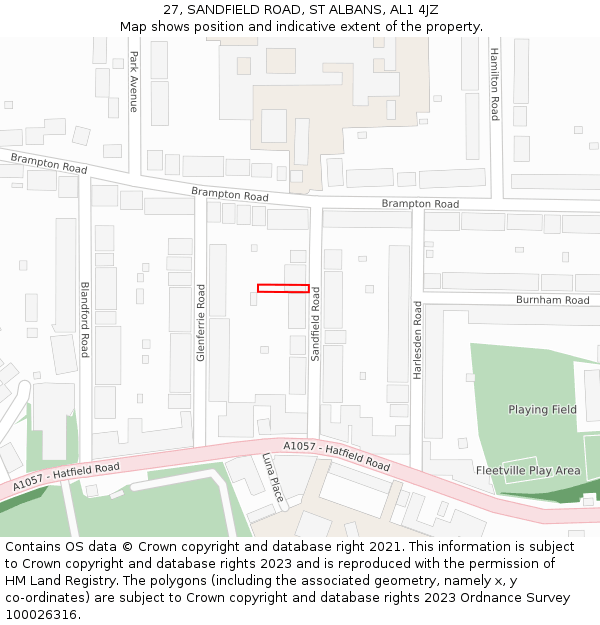 27, SANDFIELD ROAD, ST ALBANS, AL1 4JZ: Location map and indicative extent of plot