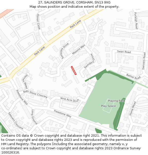 27, SAUNDERS GROVE, CORSHAM, SN13 9XG: Location map and indicative extent of plot