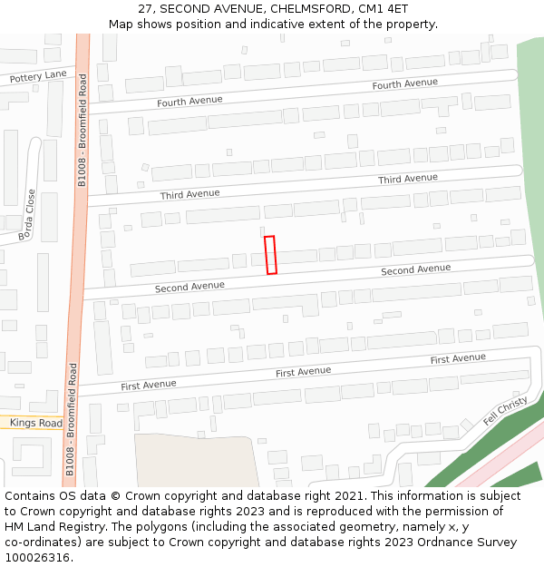 27, SECOND AVENUE, CHELMSFORD, CM1 4ET: Location map and indicative extent of plot