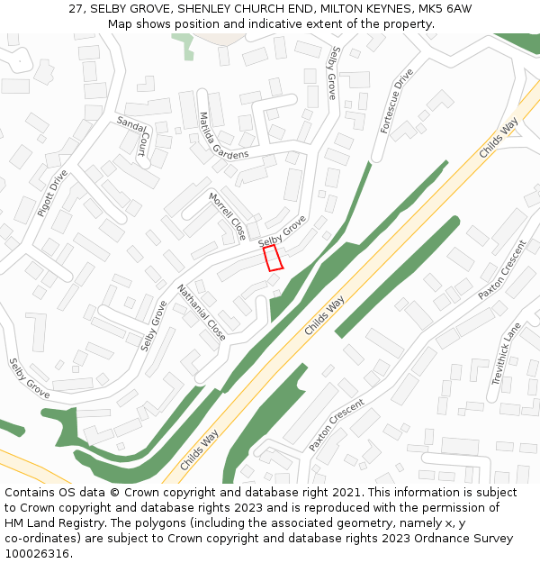 27, SELBY GROVE, SHENLEY CHURCH END, MILTON KEYNES, MK5 6AW: Location map and indicative extent of plot