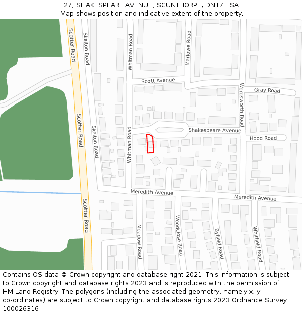 27, SHAKESPEARE AVENUE, SCUNTHORPE, DN17 1SA: Location map and indicative extent of plot