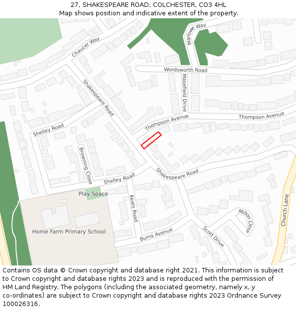 27, SHAKESPEARE ROAD, COLCHESTER, CO3 4HL: Location map and indicative extent of plot