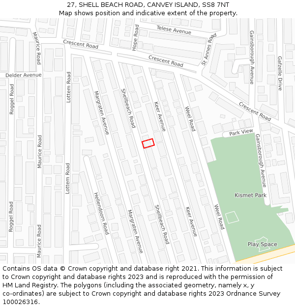 27, SHELL BEACH ROAD, CANVEY ISLAND, SS8 7NT: Location map and indicative extent of plot