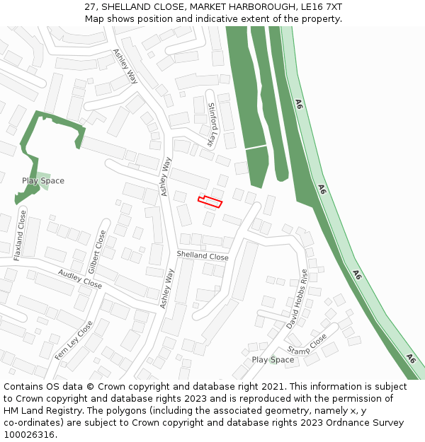 27, SHELLAND CLOSE, MARKET HARBOROUGH, LE16 7XT: Location map and indicative extent of plot