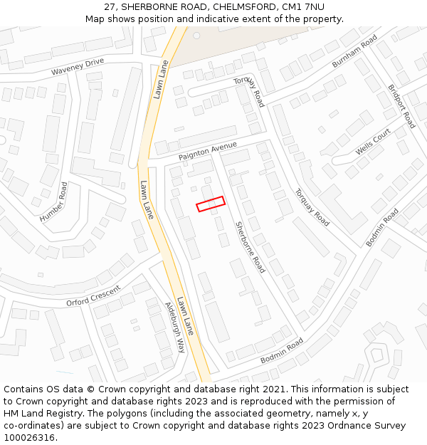 27, SHERBORNE ROAD, CHELMSFORD, CM1 7NU: Location map and indicative extent of plot