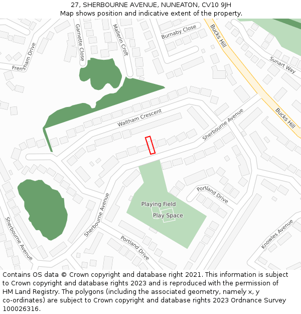 27, SHERBOURNE AVENUE, NUNEATON, CV10 9JH: Location map and indicative extent of plot