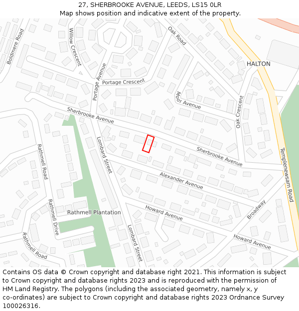 27, SHERBROOKE AVENUE, LEEDS, LS15 0LR: Location map and indicative extent of plot