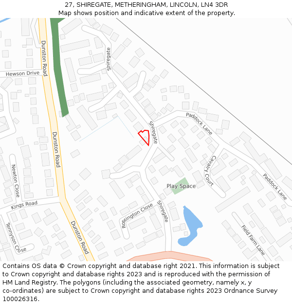 27, SHIREGATE, METHERINGHAM, LINCOLN, LN4 3DR: Location map and indicative extent of plot