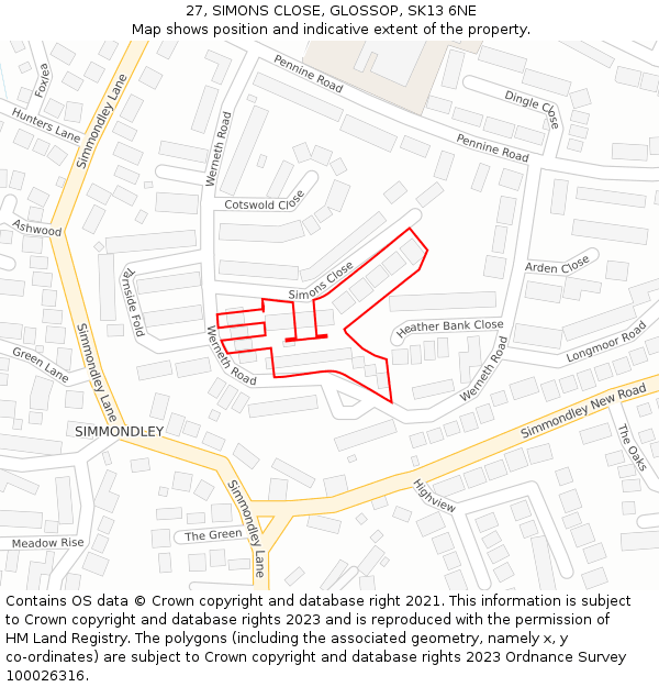 27, SIMONS CLOSE, GLOSSOP, SK13 6NE: Location map and indicative extent of plot