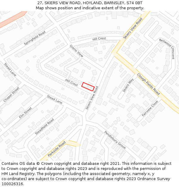 27, SKIERS VIEW ROAD, HOYLAND, BARNSLEY, S74 0BT: Location map and indicative extent of plot