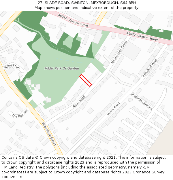 27, SLADE ROAD, SWINTON, MEXBOROUGH, S64 8RH: Location map and indicative extent of plot