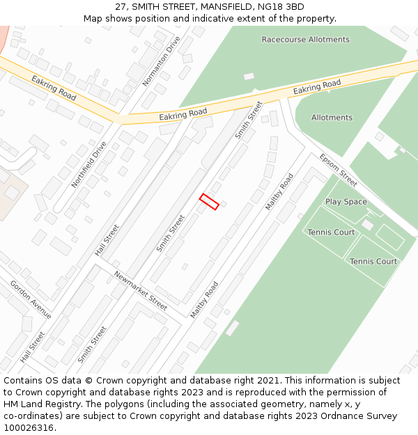 27, SMITH STREET, MANSFIELD, NG18 3BD: Location map and indicative extent of plot