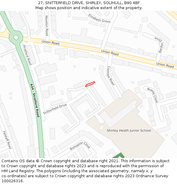 27, SNITTERFIELD DRIVE, SHIRLEY, SOLIHULL, B90 4BF: Location map and indicative extent of plot