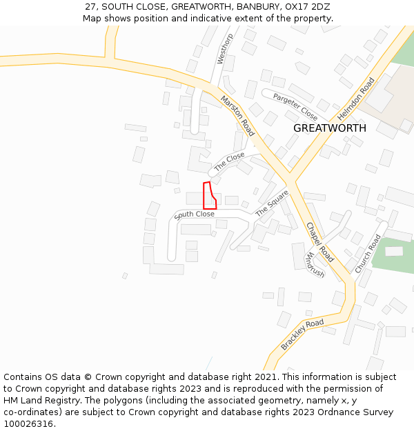 27, SOUTH CLOSE, GREATWORTH, BANBURY, OX17 2DZ: Location map and indicative extent of plot
