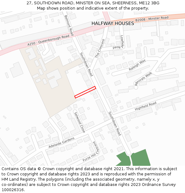 27, SOUTHDOWN ROAD, MINSTER ON SEA, SHEERNESS, ME12 3BG: Location map and indicative extent of plot