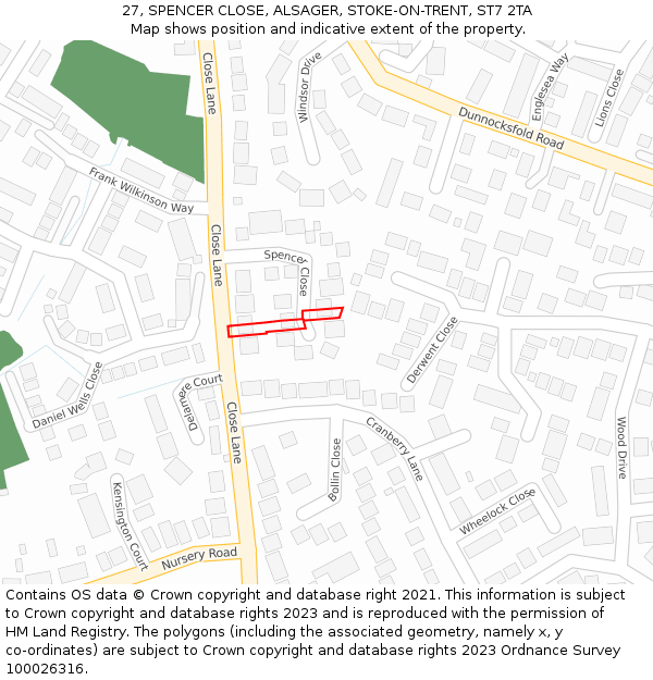 27, SPENCER CLOSE, ALSAGER, STOKE-ON-TRENT, ST7 2TA: Location map and indicative extent of plot