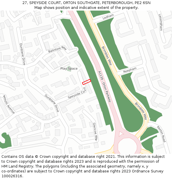 27, SPEYSIDE COURT, ORTON SOUTHGATE, PETERBOROUGH, PE2 6SN: Location map and indicative extent of plot