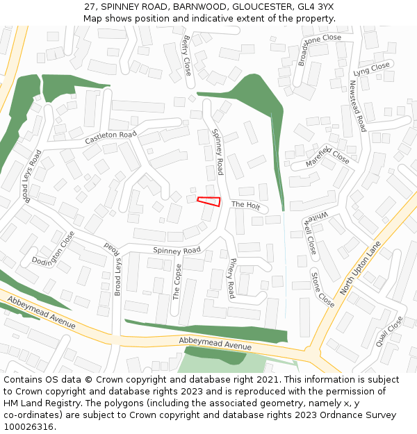 27, SPINNEY ROAD, BARNWOOD, GLOUCESTER, GL4 3YX: Location map and indicative extent of plot