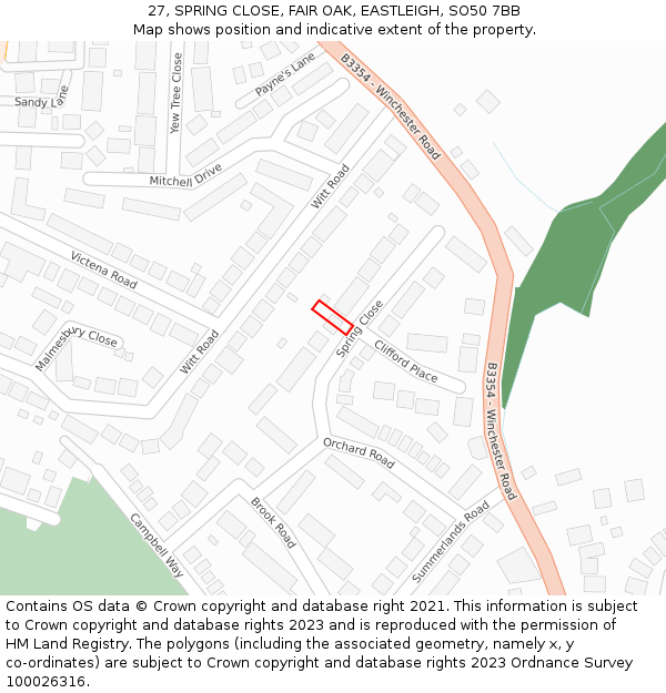 27, SPRING CLOSE, FAIR OAK, EASTLEIGH, SO50 7BB: Location map and indicative extent of plot